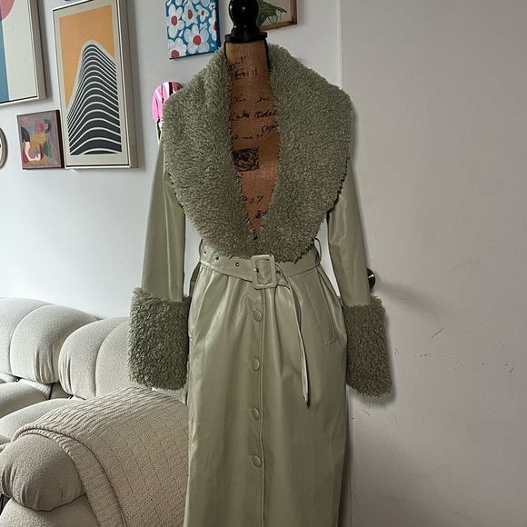 Light Green Coat with Faux Fur Trim - Picture 1 of 7